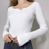 Star Style Three-Button Slim Long-Sleeved T-Shirt With Solid Color Backing And Knitted Blouse-Outfit