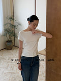 Fongt Xixi 2025 Autumn Black Standard Temperament Boat Collar Body-Bottomed Knitted Short-Sleeved T-Shirt For Women 89525