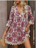 Fongt Fashion New WISH / Print V-Neck Lace Seven-Sleeve Dress
