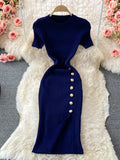 Fongt Version Of The Solid Color Collar Buckle Body Short Sleeve Elastic Knitted Forked And Left-Sleeved Dress 0022