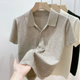 Fongt Beauty Solid Color Thin Polo Lapel Sweater Female Summer New Small Short-Sleeved T-Shirt Cardigan-Outfit