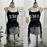 Real Shooting Lace Sling Vest Irregular Ribbon Hot Wear Print Short-Sleeved Top