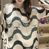 Autumn Winter Plant Printed Pullovers Female Clothing Chic Diamonds Casual Loose Commute O-Neck Fashion Long Sleeve T-shirt-Outfit