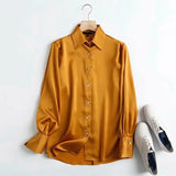 Women High Quality Green Satin Shirts Long Sleeve Solid Turn Down Collar Elegant Office Ladies Work Wear Blouses