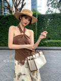 Fongt Xixi 2025 Summer New Korean Version Pure Temperament Hanging Neck Knitted Bottom Sling Vest Women 89436