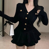 New Korea Fashion Knitted Suit Black Slim 2 Piece Skirt Set Casual Elegant Sweater + Women Outwear Casual Y2k Mini Skirt-Outfit