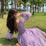 Floral Dress Women 2023 Summer Puffer Sleeve Beach One Piece Dress Korean Elegant Vintage Dress Female Chic Square Collar-Outfit