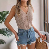 Shooting Summer New Solid Color Button V Collar Hollow Sleeveless Top Holiday Knitwear Women's