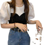 Splicing Two Knitted Short-Sleeved T-Shirt Spring 2025 New Women's Bubble Sleeve