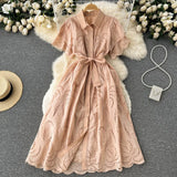 Gentle Wind Turn Collar Bubble Sleeve Medium-Long Shirt Skirt Lace Thin Hollow-Out Design French Dress-Outfit