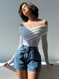 Shoulder Onesie 2024 Hot Top Sexy Cross Pleated One-Line Shoulder Long Sleeve Onesie-Outfit