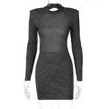 Sexy Backless Chain Glitter Party Dress for Women 2023 Autumn Round Neck Long Sleeve Elegant Evening Mini