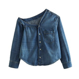 Spring Style Asymmetrical Shoulder-Length Loose Denim Shirt 9213021-Outfit