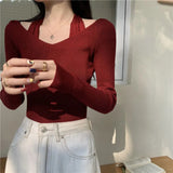 Fongt Two Knitted Shirt Women Spring New Sexy Slimy V Collar Hanging Neck Long Sleeve Bottom
