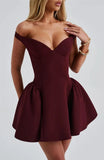Burgundy Off-shoulder Mini Dress-Outfit
