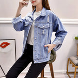 Fongt 2024 New Women's Korean Version Students Loose Thin Large Size Nail Bead Hole Jeans Denim Coat Tide-Outfit