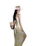Fongt Seaside Travel Vacation Beach Skirt Female Summer Broken Flower Dew Waist Inclined Shoulder Dress Open Slit Slim Wrap Buttock Long Skirt-Outfit