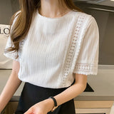 Style Women Short Sleeve Hollow Out Lace Blouse Solid Elegant Office Lady Tops Summer New 2021 White Shirt Blusas