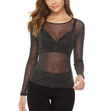 Fongt Women's High Bullet Silver Mesh Hollow-Out Long Sleeve Top Sexy Mesh Perspective Smock