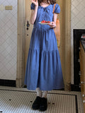Fongt Feel Bubble Sleeve Dress Summer Women's Long Design Loose Solid Color Age Reduction Pressure Folding Skirt
