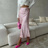 Pink Printed Satin Midi Straight Skirt-Outfit