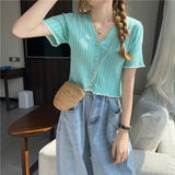 Ice Silk Cardigan Women Summer Thin Outer BM Style Short V Collar Knitted Temperament Shirt Coat Women Ins