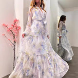 Fongt Women's Chiffon Print Dress Open Shirt Swing Belt Fashion Broken Flower Long 8072