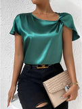 Summer Satin Short-Sleeved Satin Kink Solid Color Loose All Kinds Of Top Girls-Outfit