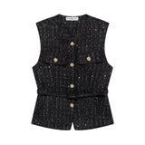 Fongt And Beads Coarse Spinning Vest 2025 Spring Temperament Metal Buttonless Sleeveless Round Collar Body Jacket Woman