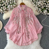Fongt Gas Age Reduction Shirt Female French Heavy Industry Shiny Embroidery Diamond Set High-End Lantern Sleeve Thin Top Tide