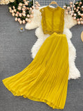 Chiffon Two Piece Sets Women Summer Sleeveless Tank Tops Blouse and Pleated Long Skirts Outfits Ladies Elegant