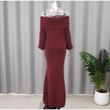 Burgundy Off Shoulder Fold Knit Midi Dress-Outfit