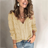 Fongt New Sweater Cardigan Women's Solid Color Hollowed-Out V-Neck Sweater