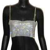 New Solid Women Sleeveless Crop Top Fashion See Through Metal Spaghetti Strap Sparkly Rhinestone Beach Tank Top