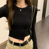Feeling Round Collar Solid Color Fishbone Blouse Women's Autumn New Style Long Sleeves Waist Short Style Bottom Shirt Trend-Outfit