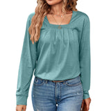 2023 New Casual Square Collar Pure Color Pleated Long-Sleeved Top T-Shirt Women-Outfit