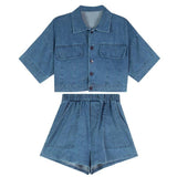 Women Denim Sets Summer 2023 New 2 Piece Set Solid Short Sleeve Coat + Shorts Jeans Sets Office Lady Elegant Female Denim