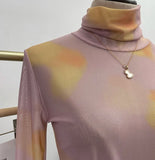 Autumn Single-Layer Mesh Base T Shirt Girls Printed Full Sleeve Turtleneck Tees Slim Women See Through Tshirts-Outfit