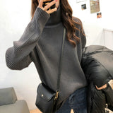 And Winter High-Collar New Thickened Pit Striped Sweater Women's Size Loose Lazy Wind Retro Thin Knitted Bottom Sweater-Outfit