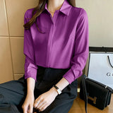 Elegant Satin Blouse Autumn Spring Turn-Down Collar Single-Breasted Long Sleeve Female Chiffon Shirt Ladies Blouse