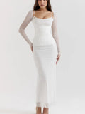 Mesh Long Sleeve Maxi Corset Dress Sexy Spaghetti Strap Bodycon Dress White Event Formal Occasions Women Clothing-Outfit
