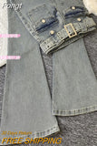 Women Slim Pocket Flare Jeans Retro Solid High Waist Y2K Fashion Basic Autumn Ladies Streetwear Denim Wide Leg Pants With