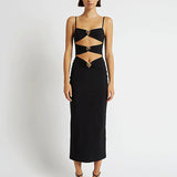 Small Metal Buckle Decoration Sexy Hollow Black Sling Dress Open Breast Design High-Leach Banded