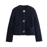 Fongt Women's Solid Color Single Buckle Double Pocket Short Thick Knit Shirt Coat Top B66004