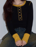 Fongt Design Sense Black Collar Splicing Woman 2025 Autumn High-End Temperament Waist Repair Knitted Long-Sleeved Top