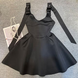 Patchwork Diamonds Sling Dress For Women Round Neck Sleeveless High Waist Solid Mini Dresses Female Clothing