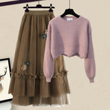 Winter Knitted 2 Piece Sets Women Long Sleeve Knitted Sweater And High Waist Mesh Long Skirts Sets For Women