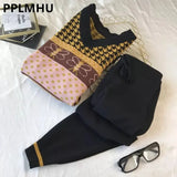 Two Piece Sets Women Vintage Print Long Sleeve V-neck Patchwork Pullover Suit Ankle-length Pants Tracksuit Knit