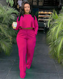 Back Long Fashion Pleated Blouse And Pants Solid Color Wide Leg Two-piece