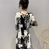 Letter Patchwork Printed T-shirt Spring Autumn Stylish Asymmetrical Folds Female Clothing Casual O-Neck Midi Pullovers-Outfit